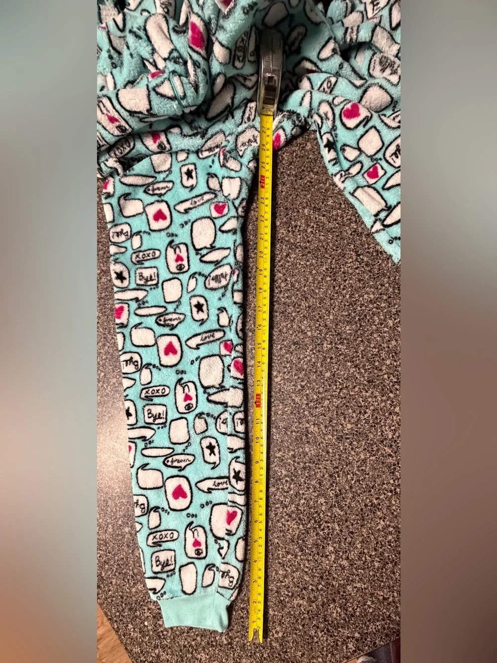 total girl Teal Fleece One-Piece Pajamas with Hearts and Speech Bubbles